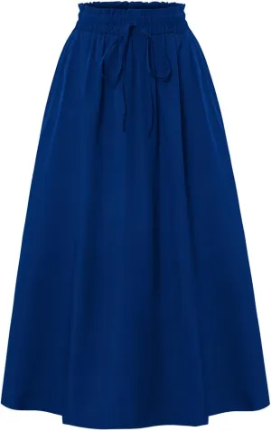 Cotton Linen Skirts for Women Midi Length Summer Drawstring Elastic Waist Smocked A-Line Skirt Knee Length with Pocket