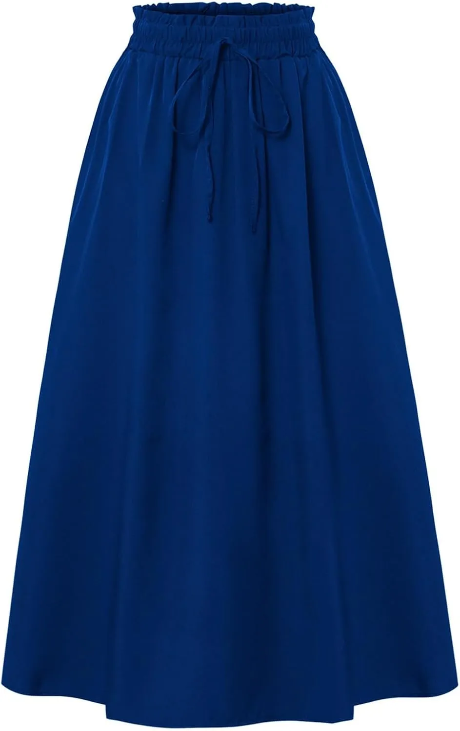 Cotton Linen Skirts for Women Midi Length Summer Drawstring Elastic Waist Smocked A-Line Skirt Knee Length with Pocket