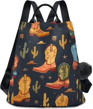 Cowboy Boots Cactus Backpack for Women Anti Theft Large Fashion Travel Shoulder Bag Purse Rucksack Lightweight