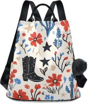 Cowboy Boots Cactus Flower Backpack for Women Anti Theft Large Fashion Travel Shoulder Bag Purse Rucksack Lightweight
