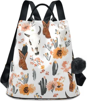 Cowboy Boots Cactus Flower Backpack for Women Anti Theft Large Fashion Travel Shoulder Bag Purse Rucksack Lightweight