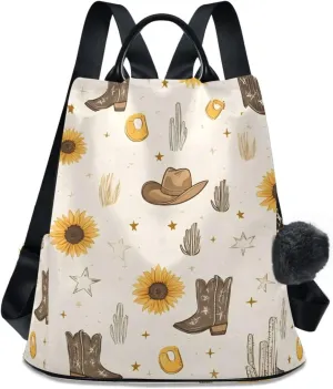 Cowboy Boots Cactus Sunflower Backpack for Women Anti Theft Large Fashion Travel Shoulder Bag Purse Rucksack Lightweight