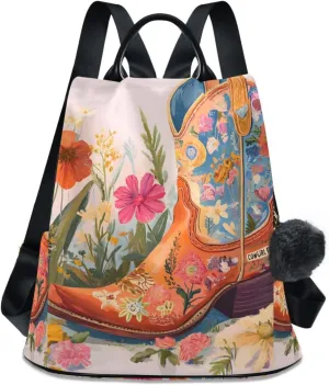 Cowboy Boots Flowers Backpack for Women Anti Theft Large Fashion Travel Shoulder Bag Purse Rucksack Lightweight