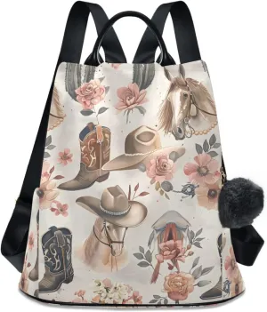Cowboy Hat Boots Horse Cactus Backpack for Women Anti Theft Large Fashion Travel Shoulder Bag Purse Rucksack Lightweight