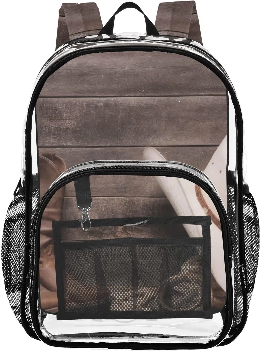 Cowboy Hat Leather Boots Print Clear Backpack with Back Print, Heavy Duty See Through Backpacks PVC Transparent Daypack for Travel Security