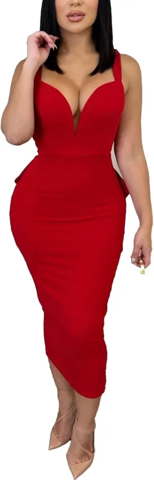 cu4eve Sexy Cocktail Dress for Women Backless Sleeveless V Neck Bow Open Back Midi Bodycon Homecoming Dresses Plus Size