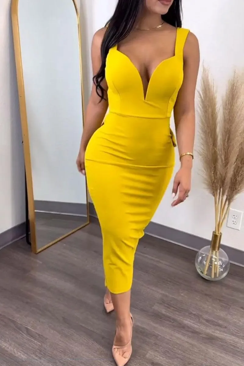 cu4eve Sexy Cocktail Dress for Women Backless Sleeveless V Neck Bow Open Back Midi Bodycon Homecoming Dresses Plus Size