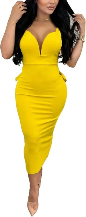 cu4eve Sexy Cocktail Dress for Women Backless Sleeveless V Neck Bow Open Back Midi Bodycon Homecoming Dresses Plus Size