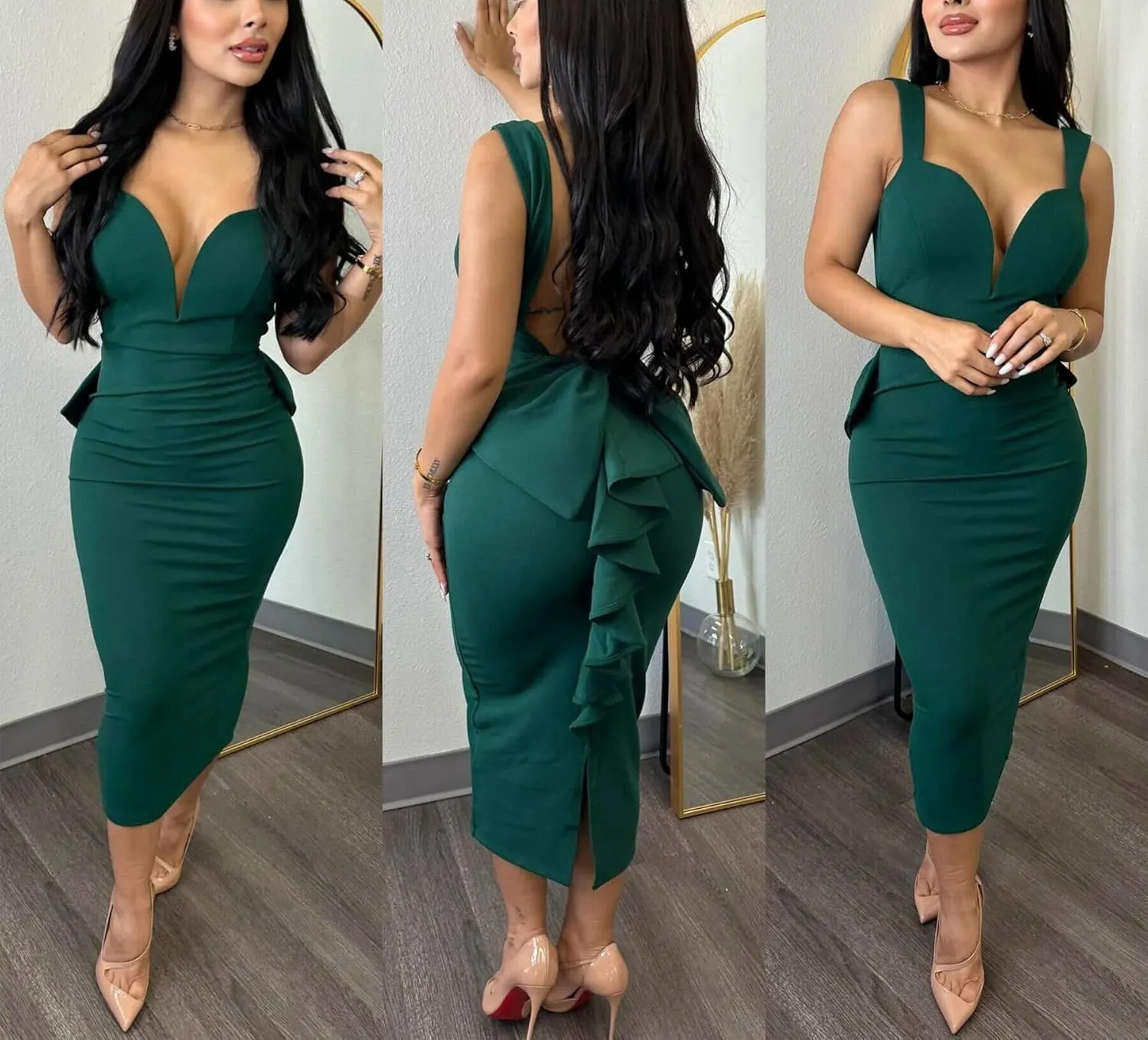 cu4eve Sexy Cocktail Dress for Women Backless Sleeveless V Neck Bow Open Back Midi Bodycon Homecoming Dresses Plus Size