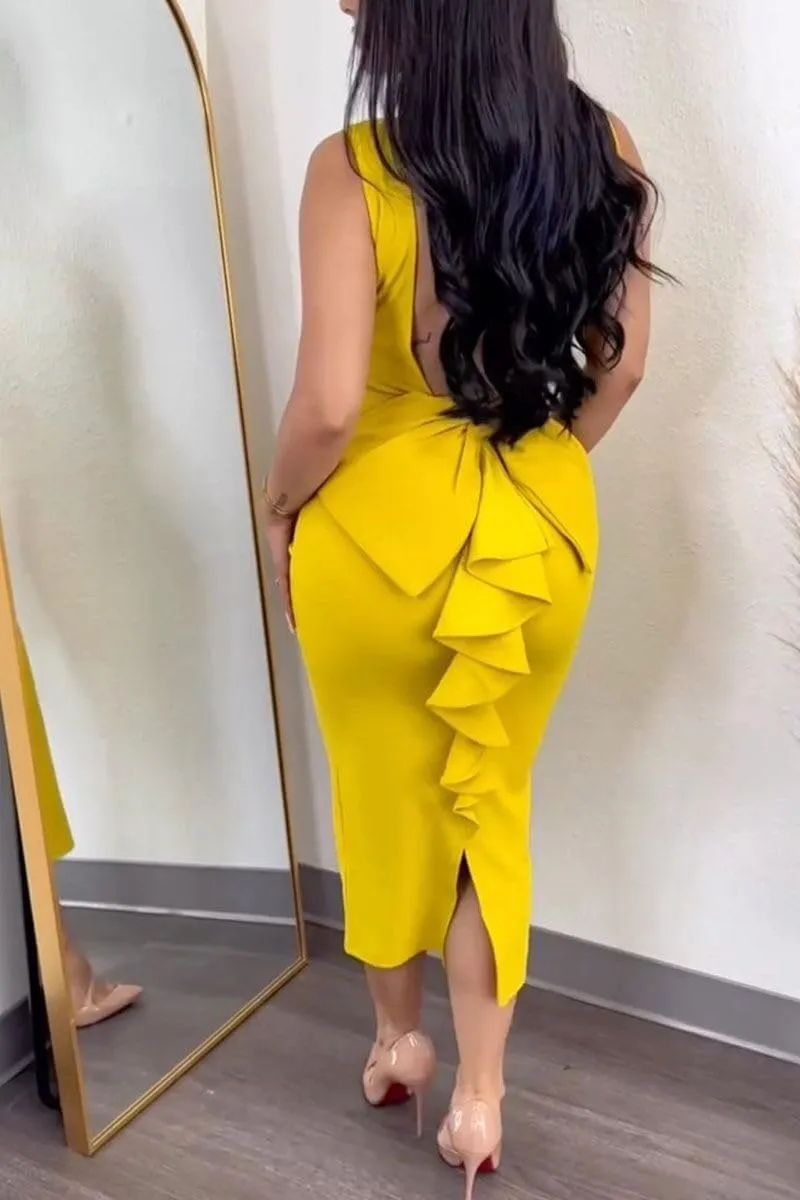 cu4eve Sexy Cocktail Dress for Women Backless Sleeveless V Neck Bow Open Back Midi Bodycon Homecoming Dresses Plus Size
