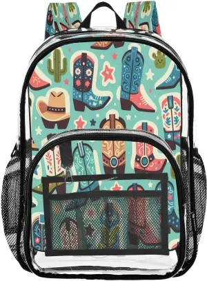 Cute Boots Cowboy Clear Backpack with Back Print, Heavy Duty See Through Backpacks PVC Transparent Daypack for Travel Security