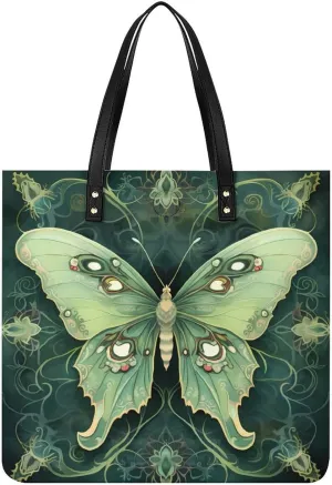 Damask Luna Moth Tote Bags PU Leather Top Handle Satchel Handbags Shoulder Bags Travel Purse for Women Men