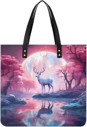 Deer at Moon Night Tote Bags PU Leather Top Handle Satchel Handbags Shoulder Bags Travel Purse for Women Men