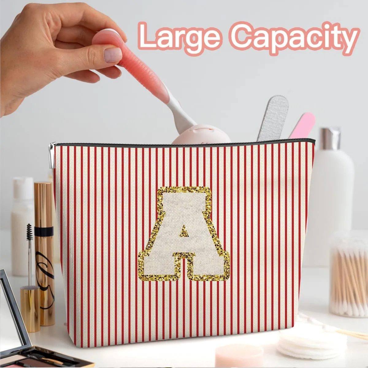DETIHO Initial Letter Makeup Bag, Cosmetic Bag, Makeup Bag with Chenille Letter Patch, Personalized Gifts, Cute Makeup Pouch, Gifts for Women, Letter A, A16