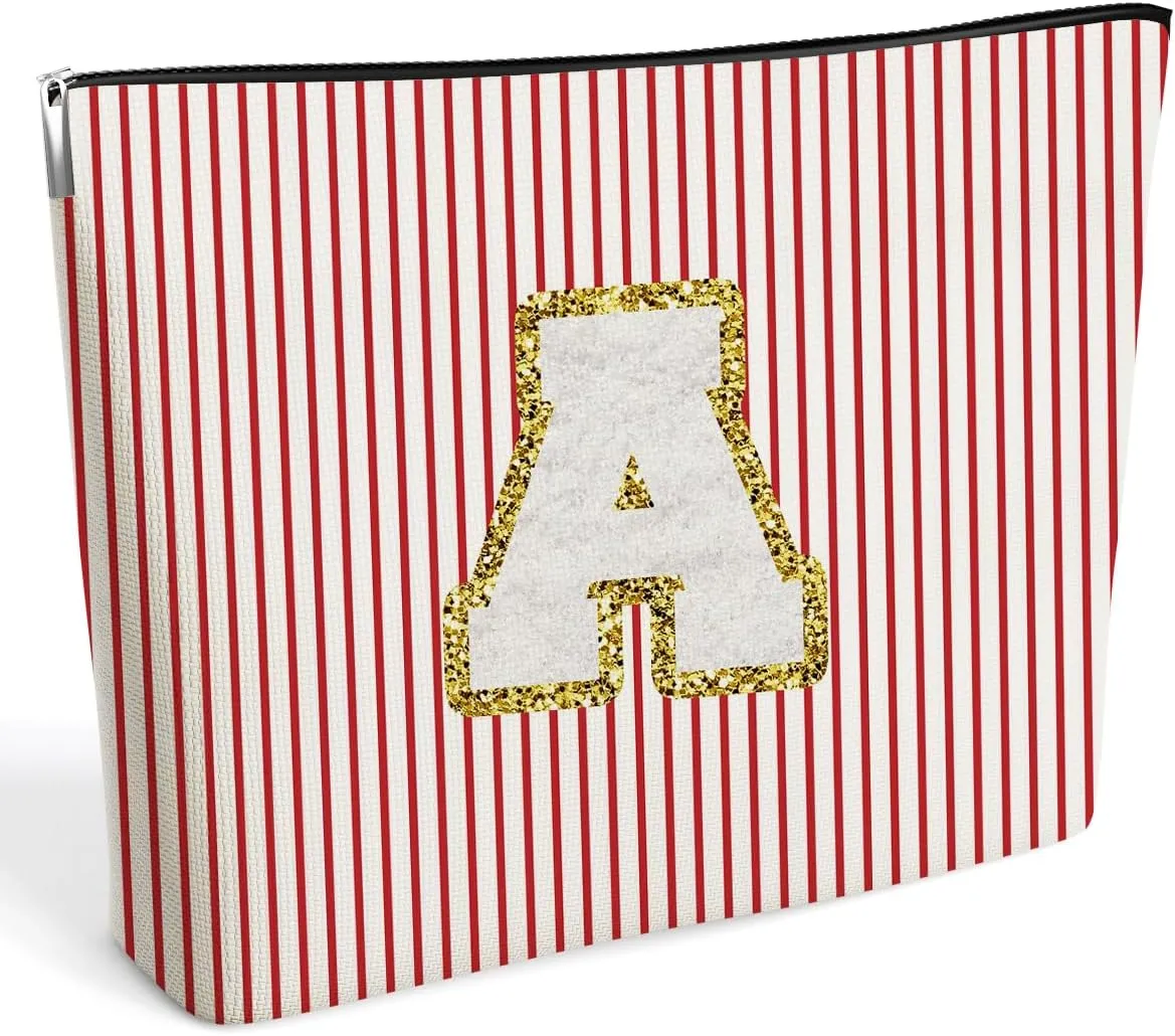 DETIHO Initial Letter Makeup Bag, Cosmetic Bag, Makeup Bag with Chenille Letter Patch, Personalized Gifts, Cute Makeup Pouch, Gifts for Women, Letter A, A16