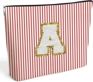 DETIHO Initial Letter Makeup Bag, Cosmetic Bag, Makeup Bag with Chenille Letter Patch, Personalized Gifts, Cute Makeup Pouch, Gifts for Women, Letter A, A16