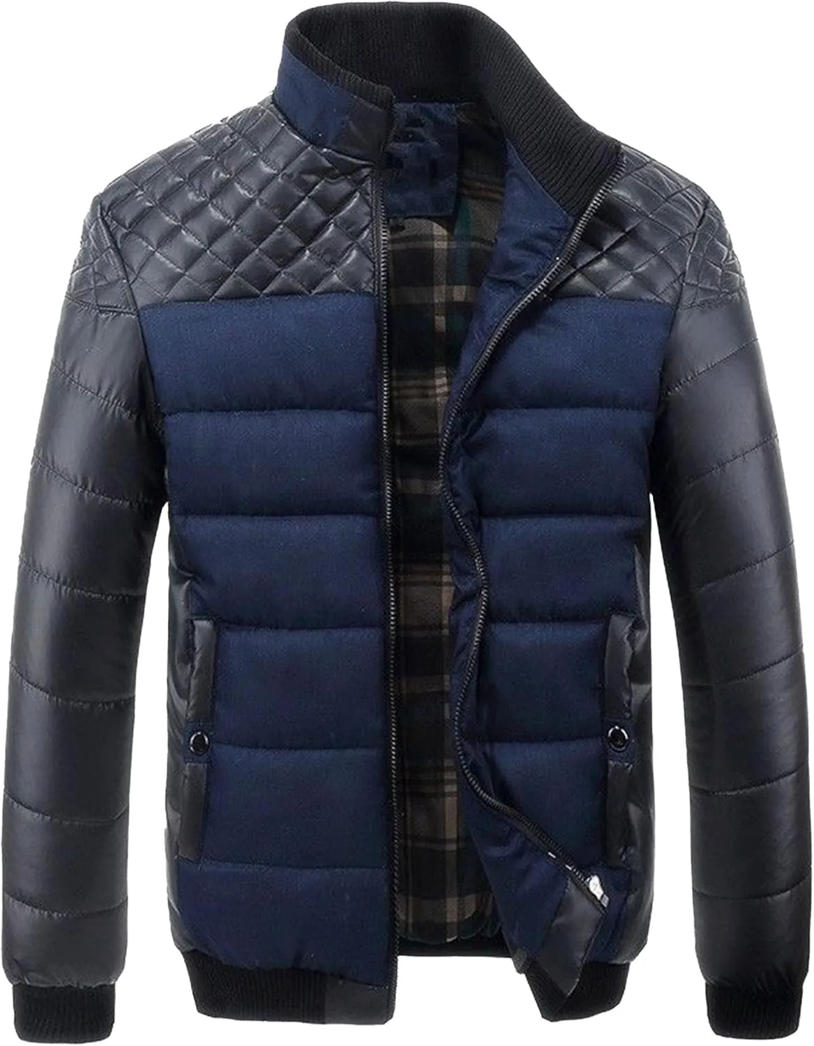 DGHM-JLMY Men's Shoulder Chest Rhombic Quilted Coat Thicken Stand Collar Warm Zipper Coat splicing Cotton-Padded Jacket