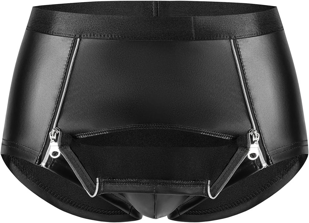DingMi Mens PVC Soft Patent Leather Shorts Fun Underwear Jock Straps Boxer Briefs Opening Zipper