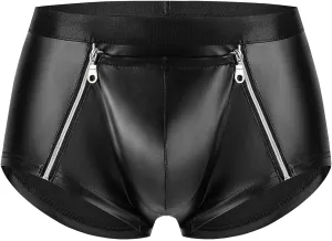 DingMi Mens PVC Soft Patent Leather Shorts Fun Underwear Jock Straps Boxer Briefs Opening Zipper