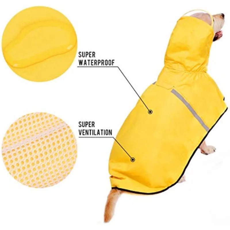 Dog raincoat with adjustable belly strap and leash hole