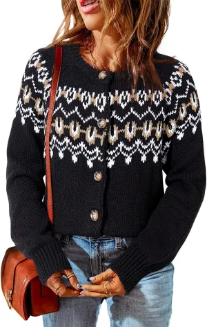 Dokotoo Womens Cardigans Casual Long Sleeve Chunky Knit Fall Winter Button Down Fair Isle Cardigan Sweaters
