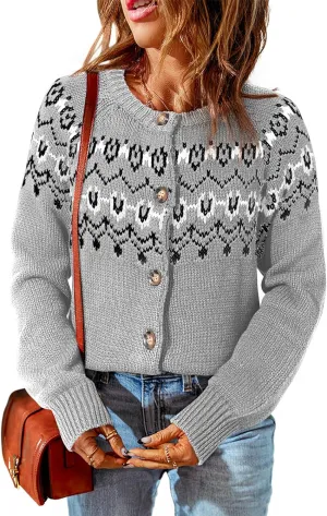 Dokotoo Womens Cardigans Casual Long Sleeve Chunky Knit Fall Winter Button Down Fair Isle Cardigan Sweaters