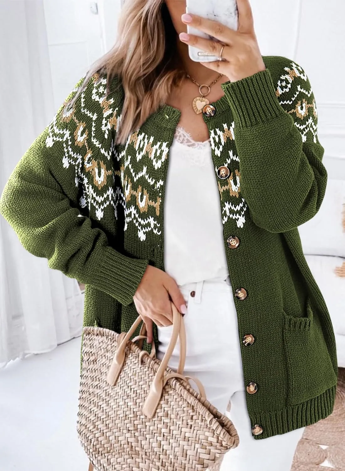 Dokotoo Womens Cardigans Casual Long Sleeve Chunky Knit Fall Winter Button Down Fair Isle Cardigan Sweaters