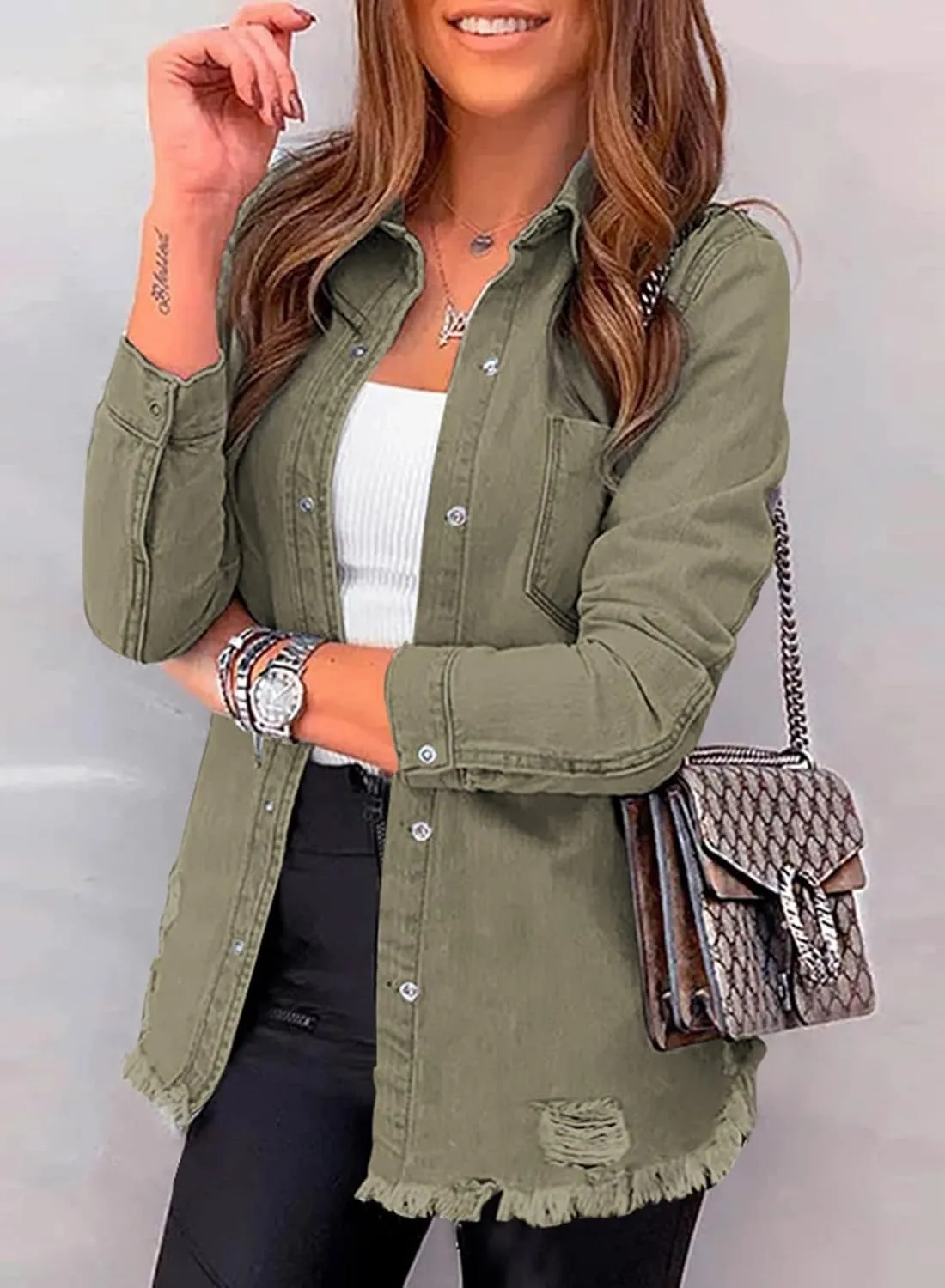 Dokotoo Women's Oversized Denim Jacket Casual Long Sleeve Denim Shirts Distresse Jean Jacket 2025 Spring Outfits