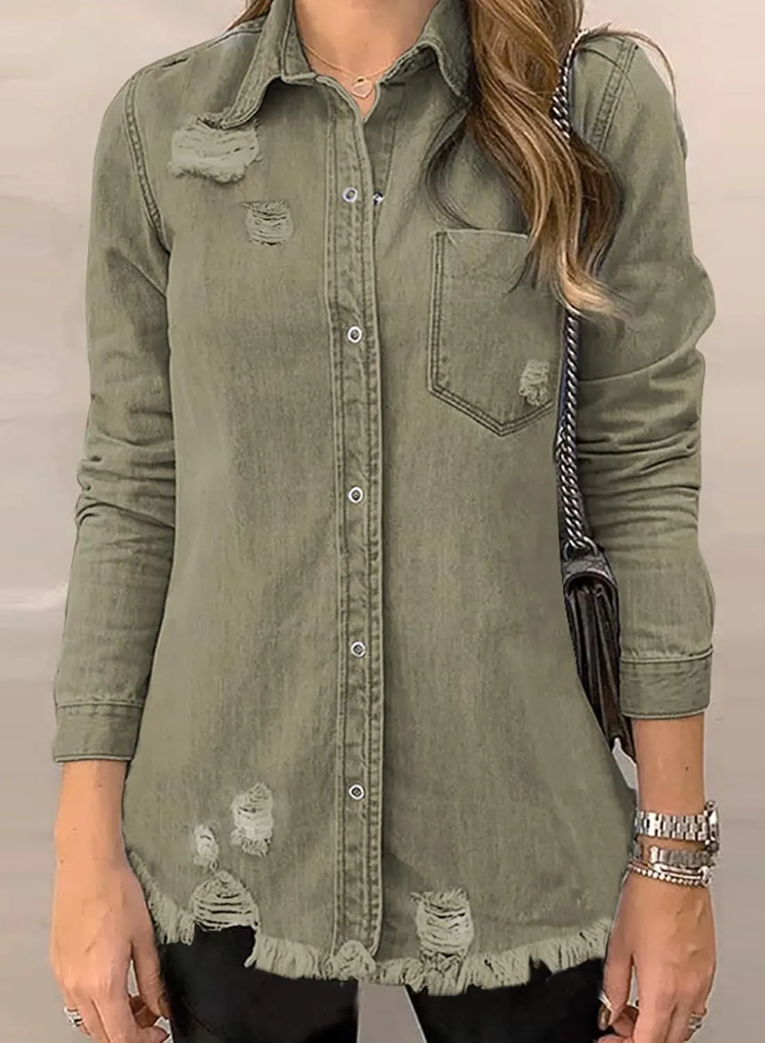 Dokotoo Women's Oversized Denim Jacket Casual Long Sleeve Denim Shirts Distresse Jean Jacket 2025 Spring Outfits