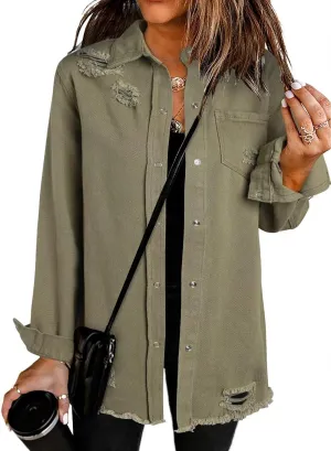 Dokotoo Women's Oversized Denim Jacket Casual Long Sleeve Denim Shirts Distresse Jean Jacket 2025 Spring Outfits