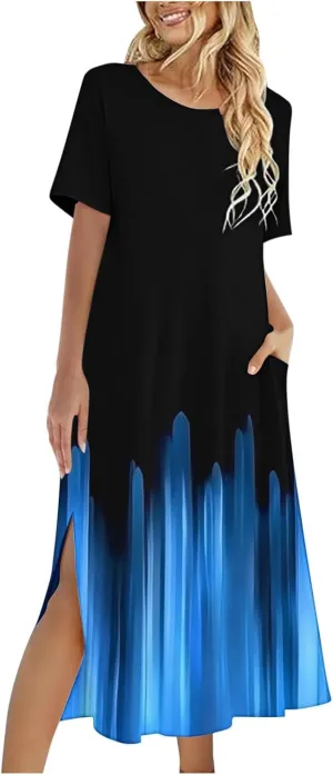 Dresses for Women Short Sleeve Boho Floral Graphic Print Sundresses Loose Casual Fashion Beach Dresses