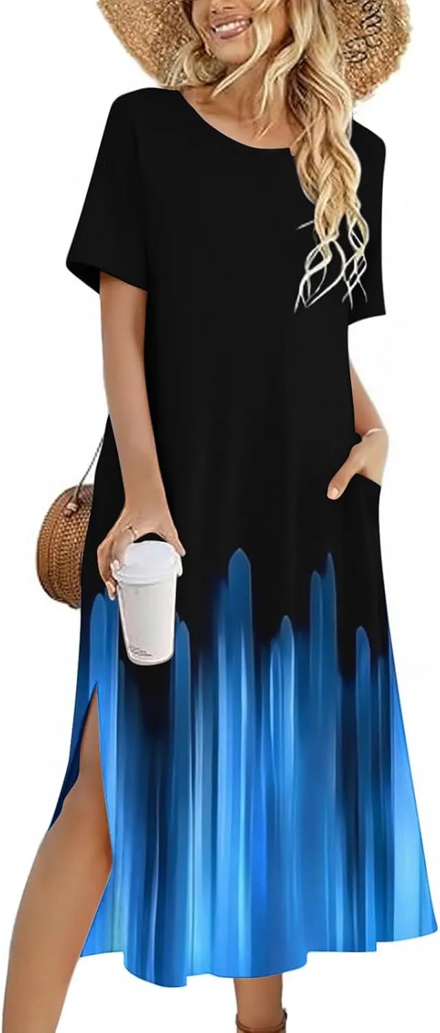 Dresses for Women Short Sleeve Boho Floral Graphic Print Sundresses Loose Casual Fashion Beach Dresses