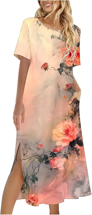 Dresses for Women Short Sleeve Boho Floral Graphic Print Sundresses Loose Casual Fashion Beach Dresses