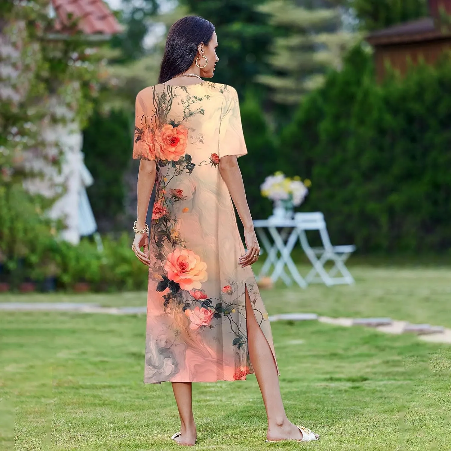 Dresses for Women Short Sleeve Boho Floral Graphic Print Sundresses Loose Casual Fashion Beach Dresses