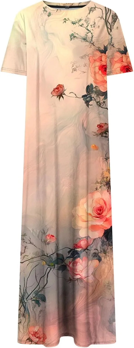 Dresses for Women Short Sleeve Boho Floral Graphic Print Sundresses Loose Casual Fashion Beach Dresses