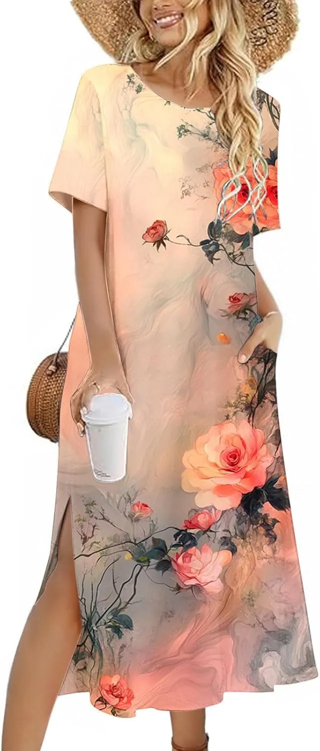Dresses for Women Short Sleeve Boho Floral Graphic Print Sundresses Loose Casual Fashion Beach Dresses