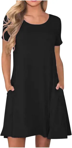 Dresses for Women Simple Solid Color Short Sleeve Sundresses Crewneck Loose Casual Vacation Summer Dresses