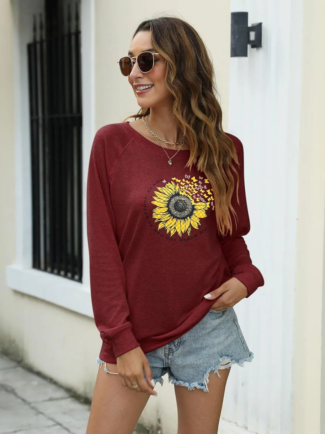 EADINVE "FUN FACT: I don't care Letter Print Women's Crewneck Sweatshirt Raglan Long Sleeve Casual Pullover Tops