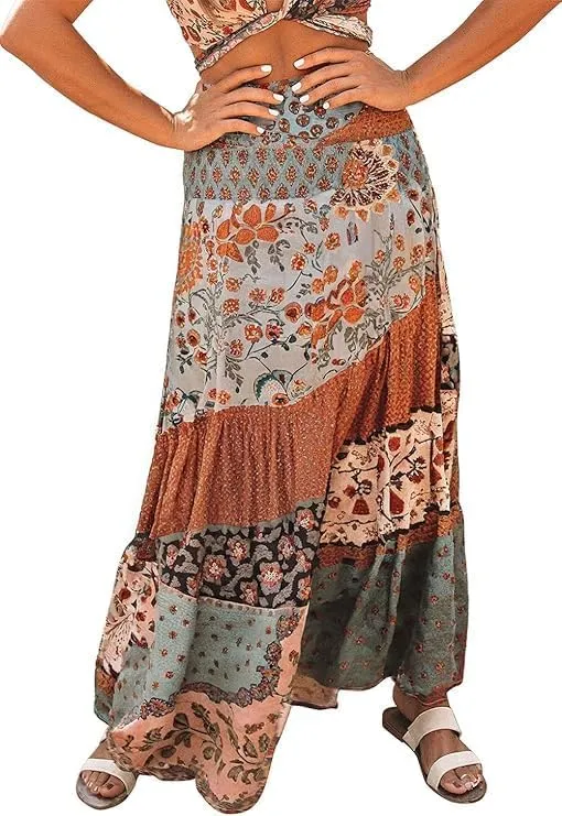 EARKOHA 2025 Womens Summer Boho Maxi Skirt Elastic High Waisted A-Line Flowy Beach Skirts