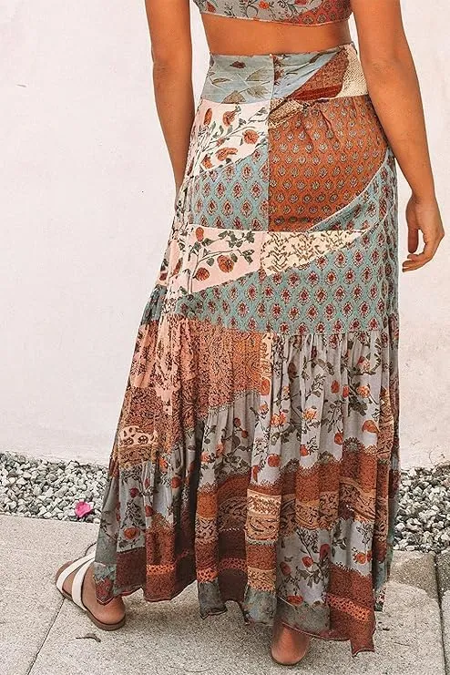 EARKOHA 2025 Womens Summer Boho Maxi Skirt Elastic High Waisted A-Line Flowy Beach Skirts