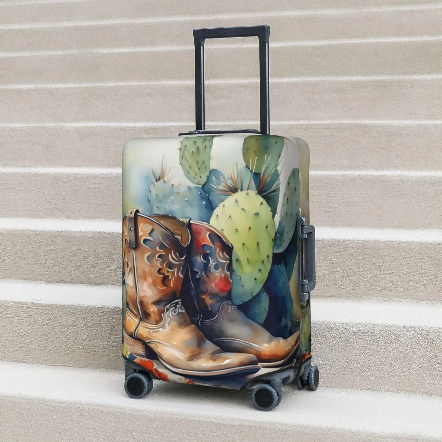 Elastic Luggage Cover Anti Scratch Dirt Covers, Cowboy Boots And Desert Cactus Vintage Farmhouse Travel Luggage Cover Suitcase Protector Fits 27-30 Inch Luggage
