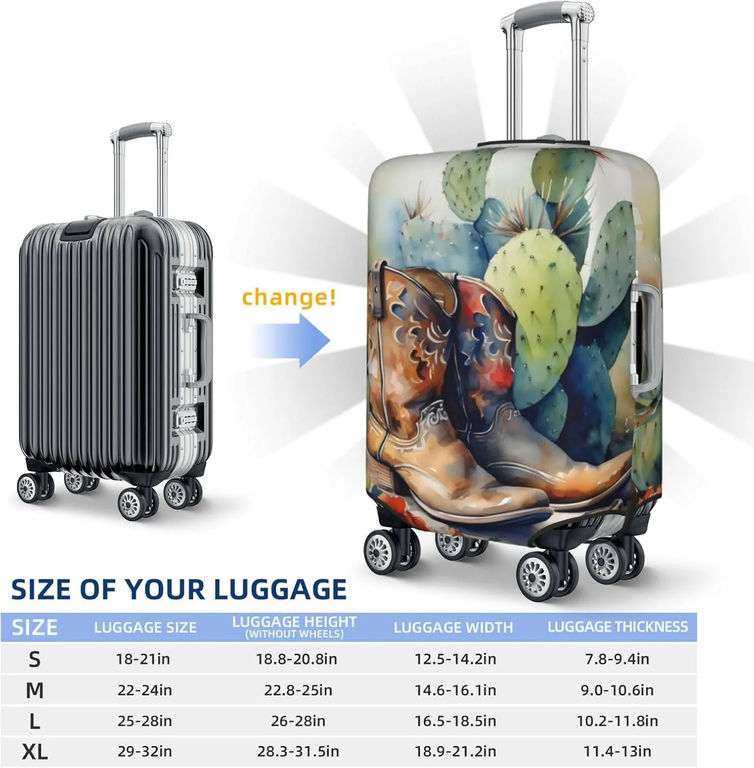 Elastic Luggage Cover Anti Scratch Dirt Covers, Cowboy Boots And Desert Cactus Vintage Farmhouse Travel Luggage Cover Suitcase Protector Fits 27-30 Inch Luggage