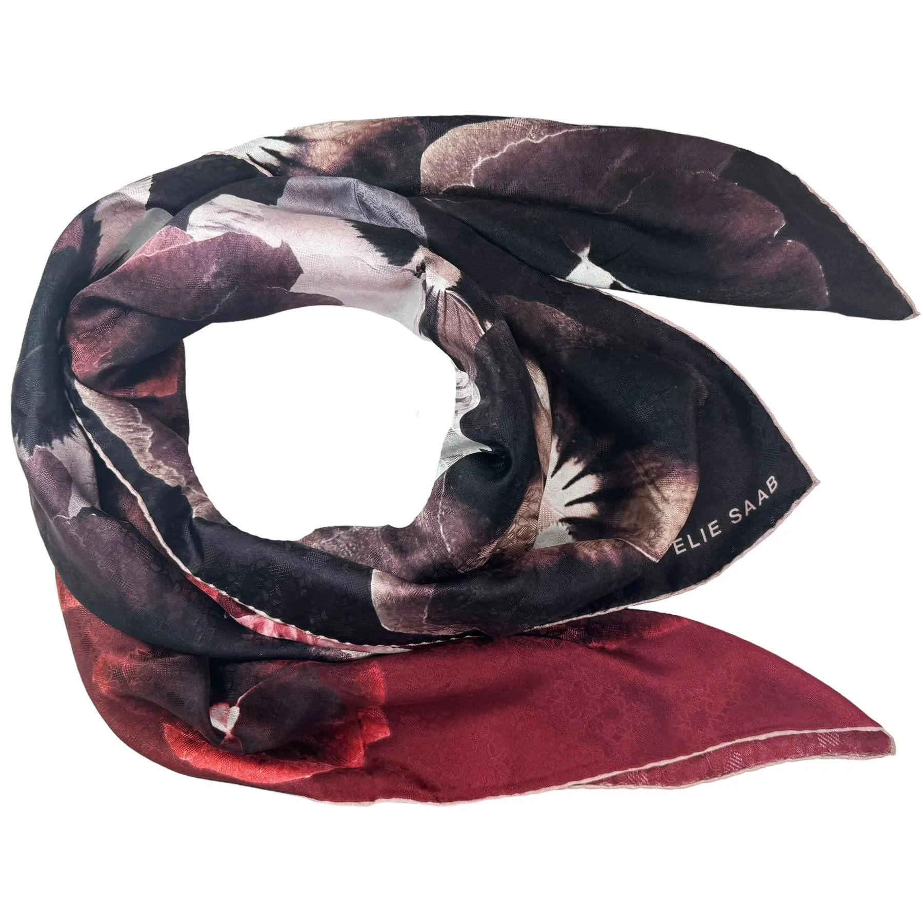 Elie Saab Scarf Brown Maroon Pink Floral Design - Extra Large Square Silk Shawl