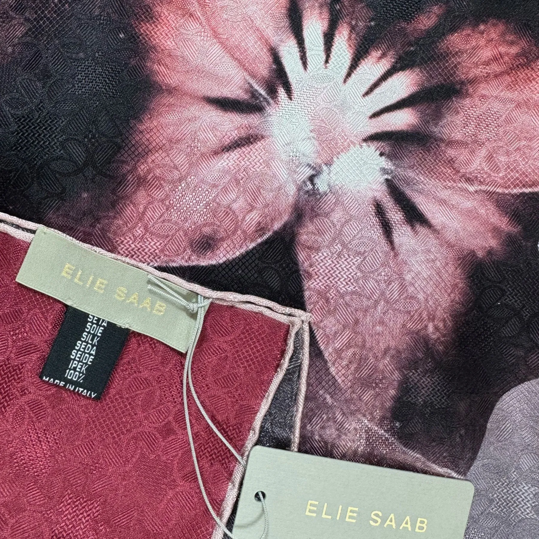 Elie Saab Scarf Brown Maroon Pink Floral Design - Extra Large Square Silk Shawl