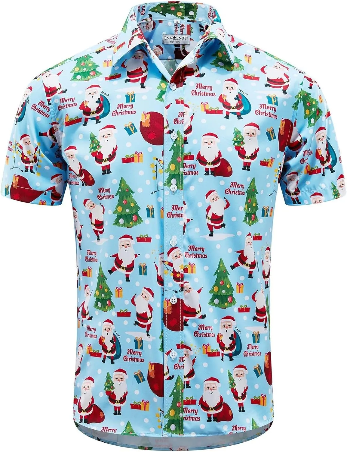 ENVMENST Christmas Button Up Shirt for Men Fun Printed Casual Short Sleeve Hawaiian Santa Shirt