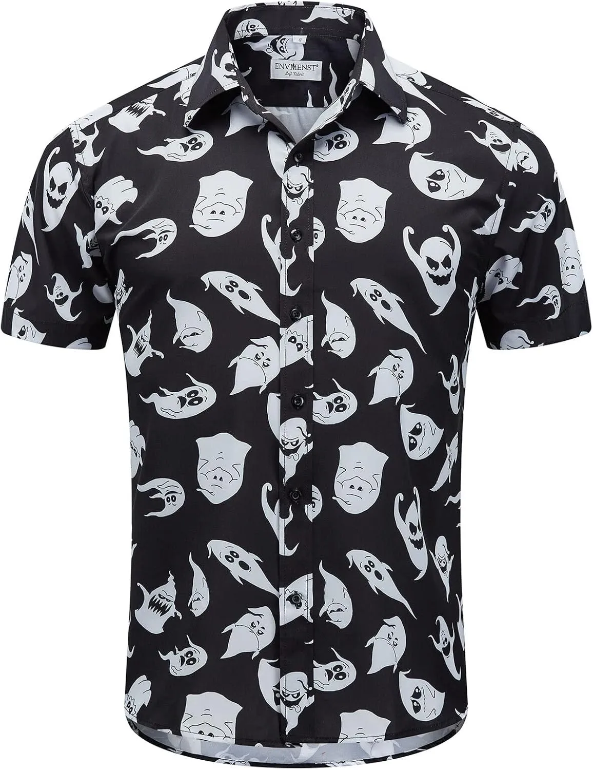 ENVMENST Halloween Button Up Shirt for Men Fun Pumpkins Printed Casual Short Sleeve Hawaiian Aloha Shirts