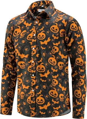 ENVMENST Halloween Button Up Shirt for Men Fun Pumpkins Printed Casual Short Sleeve Hawaiian Aloha Shirts