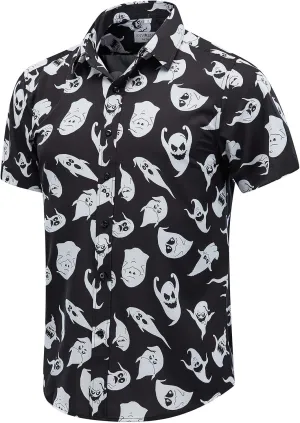 ENVMENST Halloween Button Up Shirt for Men Fun Pumpkins Printed Casual Short Sleeve Hawaiian Aloha Shirts