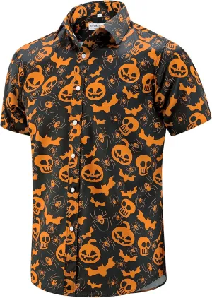ENVMENST Halloween Button Up Shirt for Men Fun Pumpkins Printed Casual Short Sleeve Hawaiian Aloha Shirts