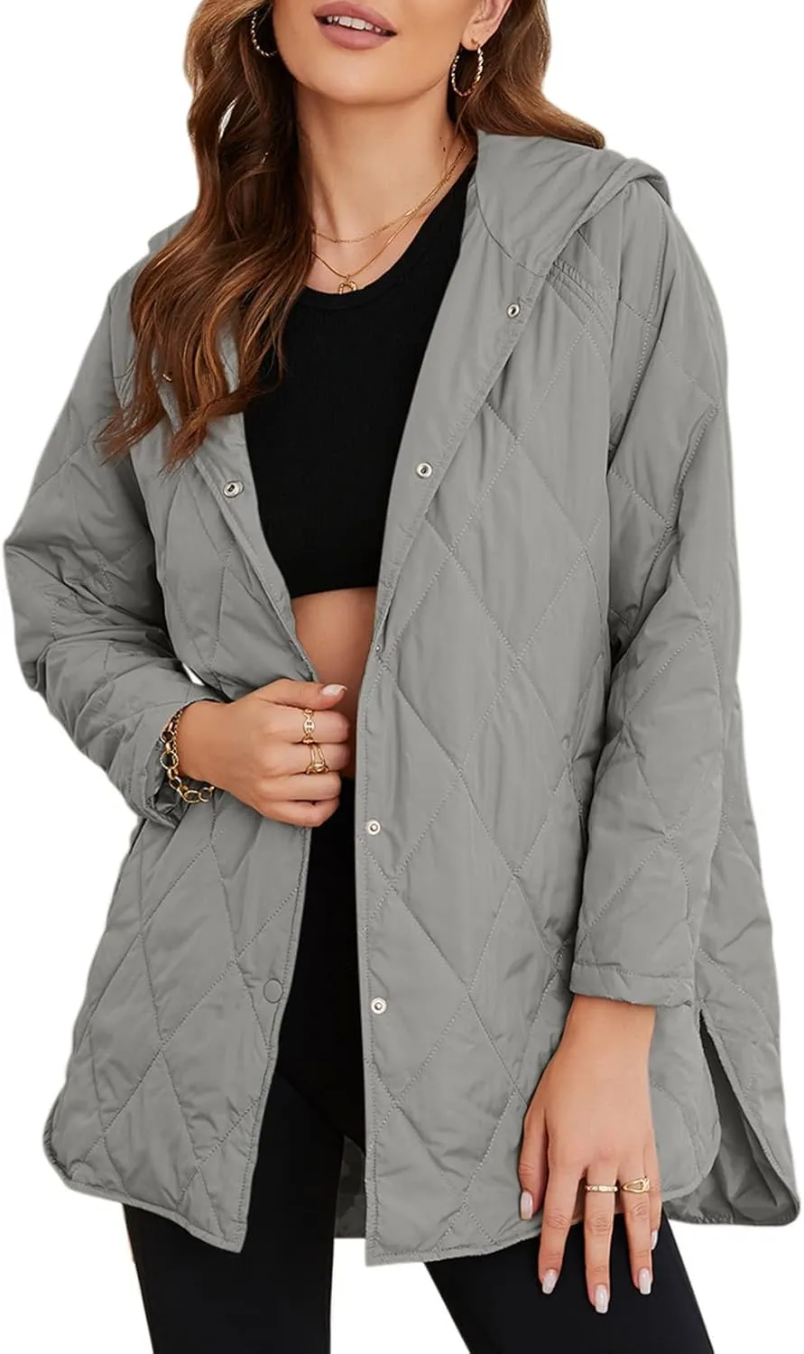 EVALESS Long Jackets for Women Fashion 2024 Winter Coat for Women Business Casual Diamond Quilted Hooded Lightweight Jackets